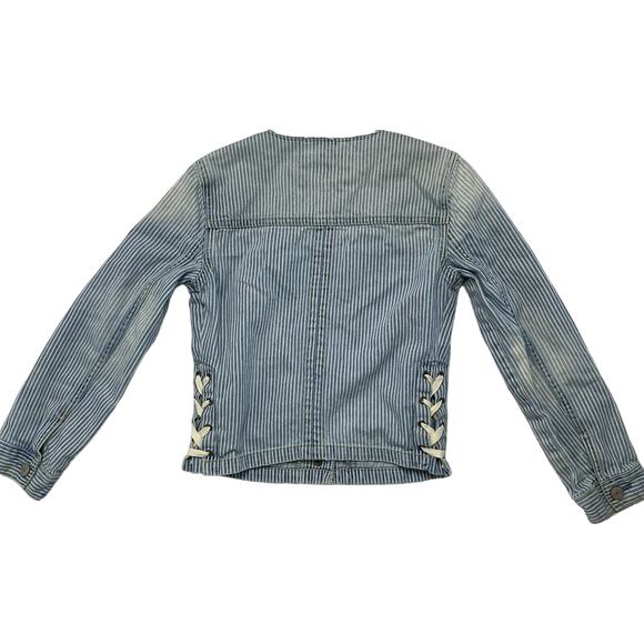 GAP KIDS Railroad Stripe Denim Jacket Size Large 10-11y Girls Lace Up Side Blue - Picture 2 of 9